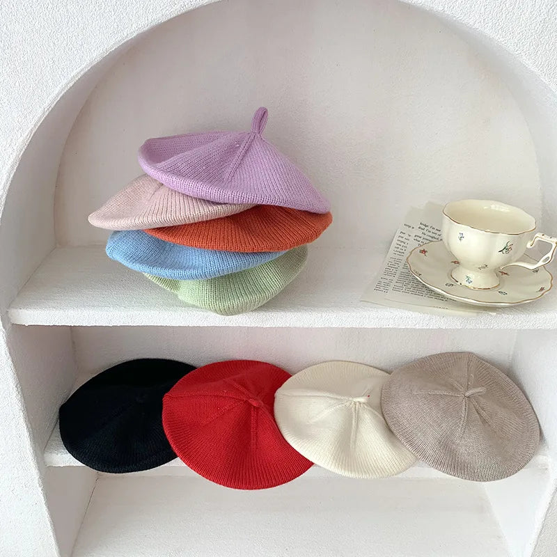 Béret Tricoté Enfant Couleur Unie – Bonnet Peintre Chaud Automne Hiver Fille Garçon Tendance