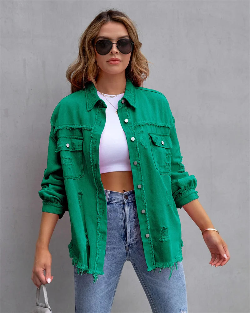 Veste en Jean Femme Bords Bruts Troués – Style Chemise Casual | Printemps Automne Tendance 2025