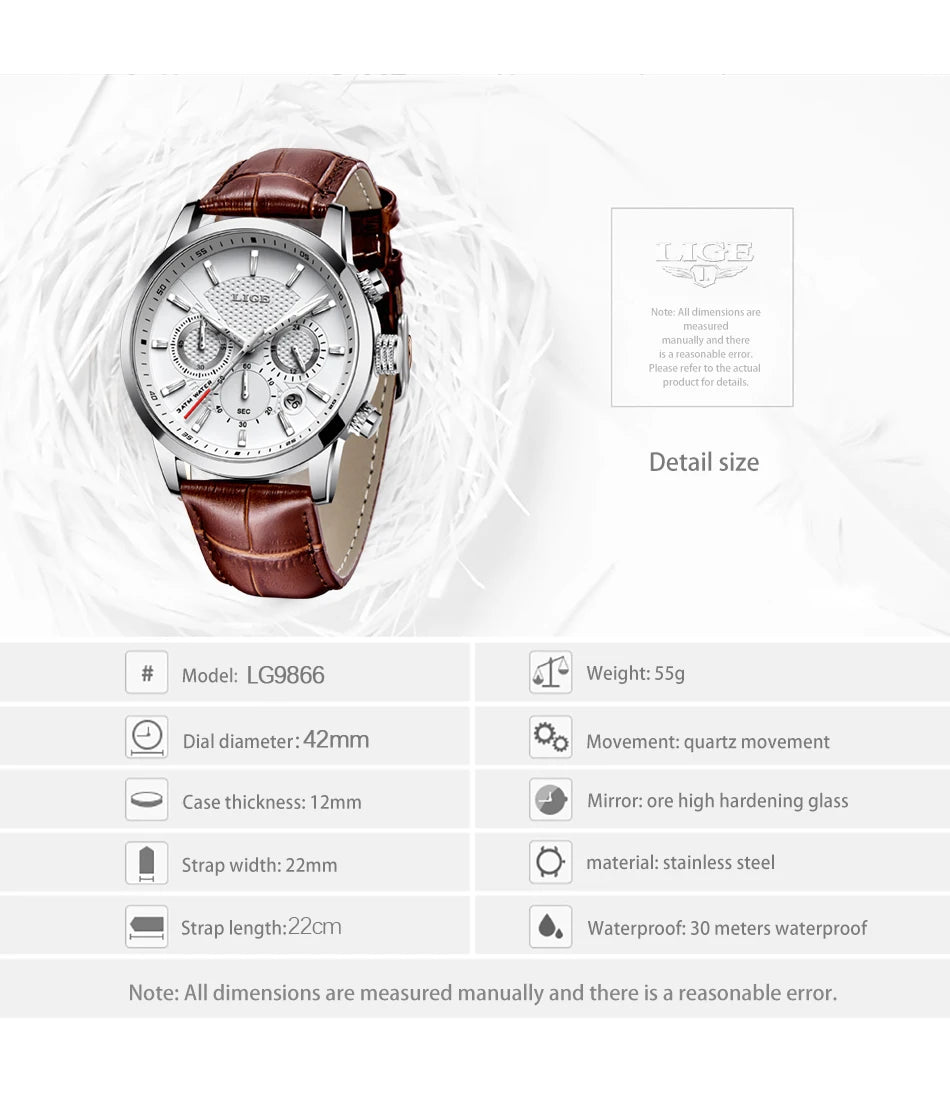 Montre Homme Luxe LIGE Chronographe Quartz Cuir – Business Sport Étanche Date 2025