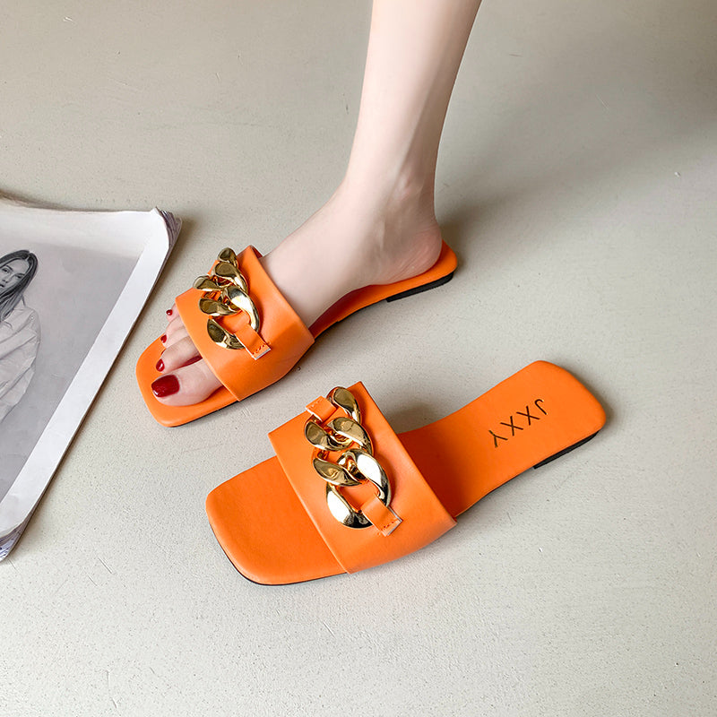 Mules Chaîne Bout Carré Femme 2025 – Sandales Plates Slide Décoration Métal Plage Casual