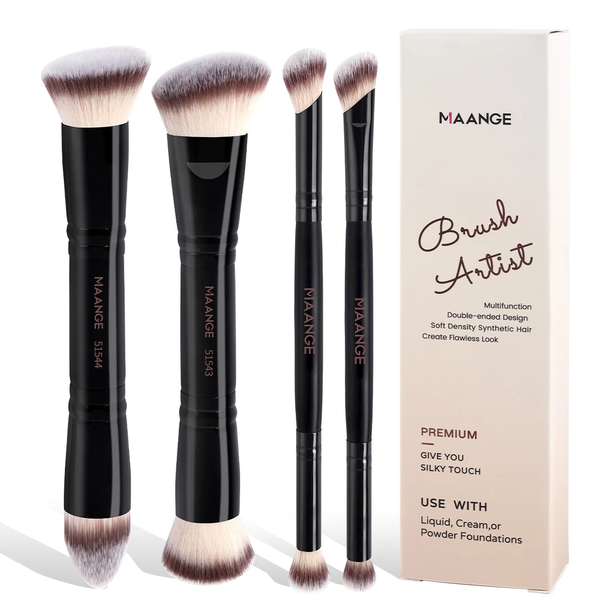Set 4 Pinceaux Maquillage MAANGE Double Embout – Fond de Teint, Poudre & Fards | Boîte Voyage Débutante