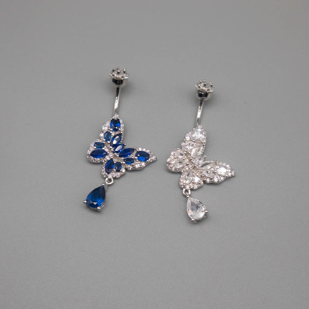 Bauchnabelpiercing Silber 925 Echter Schmetterling Weiße & Blaue Zirkonia – Premium Bauchnabelring für Damen | Feiner, Eleganter & Hypoallergener Körperschmuck