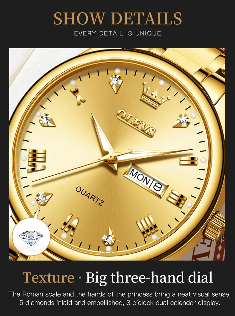Paar-Uhr OLEVS Gold Luxus Quarz – Stahl Leuchtend Wasserdicht Datum Wochentag Trend
