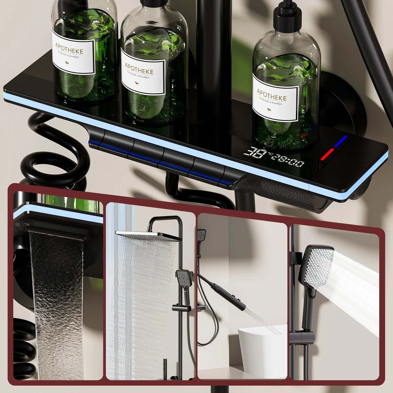 Système Douche Smart LED Digital – Affichage Température, Mitigeur Cuivre, Panneau Verre Trempé & Pommeau Pluie | Luxe Salle de Bain