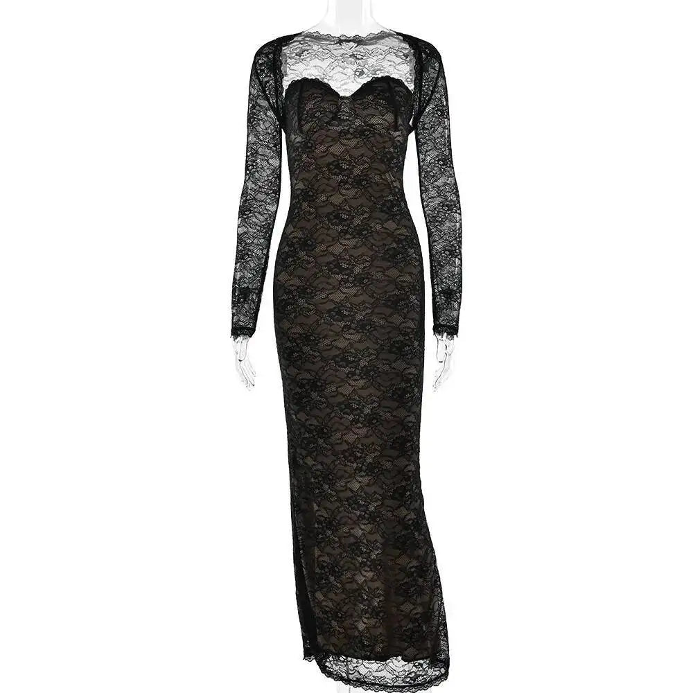 Damen Langes Maxikleid Spitze Eng Anliegend Sexy Bodycon Schal Futter – Elegante Abendgesellschaft | Townlike