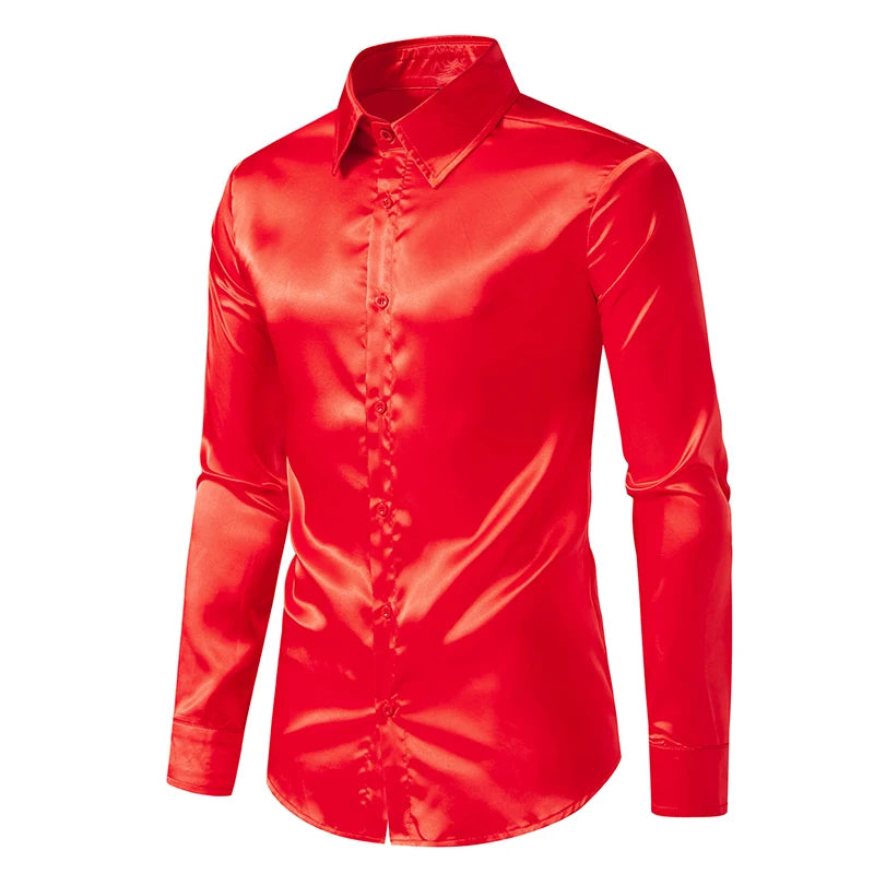 Chemise Homme Satin Noir Luxe Soie Lisse Tuxedo Mariage Soirée Prom Casual Business Bureau Élégante Couleur Unie Premium – Chemise Satin Luxe Cérémonie | Mode Homme Luxe Cérémonie Premium