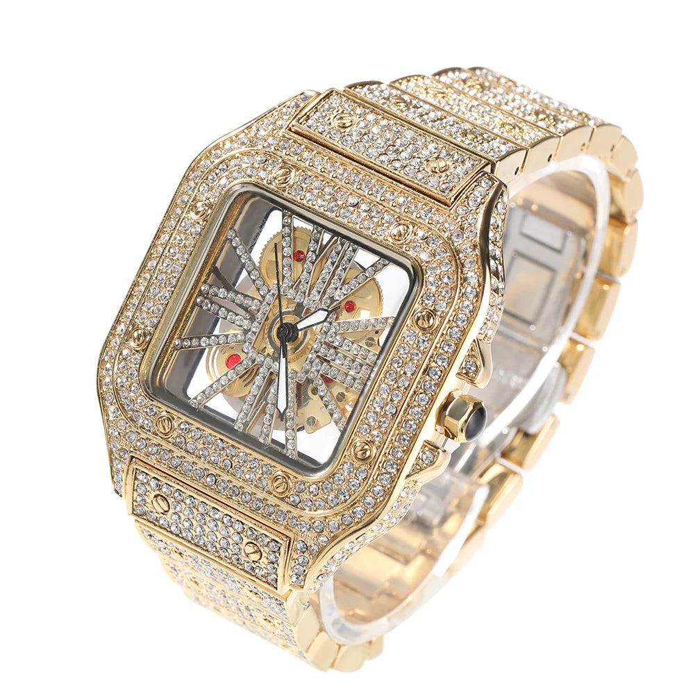 Montre Quartz Transparente Rhinestone Luxe Homme – Cadran Carré Skeleton 35mm Automatique