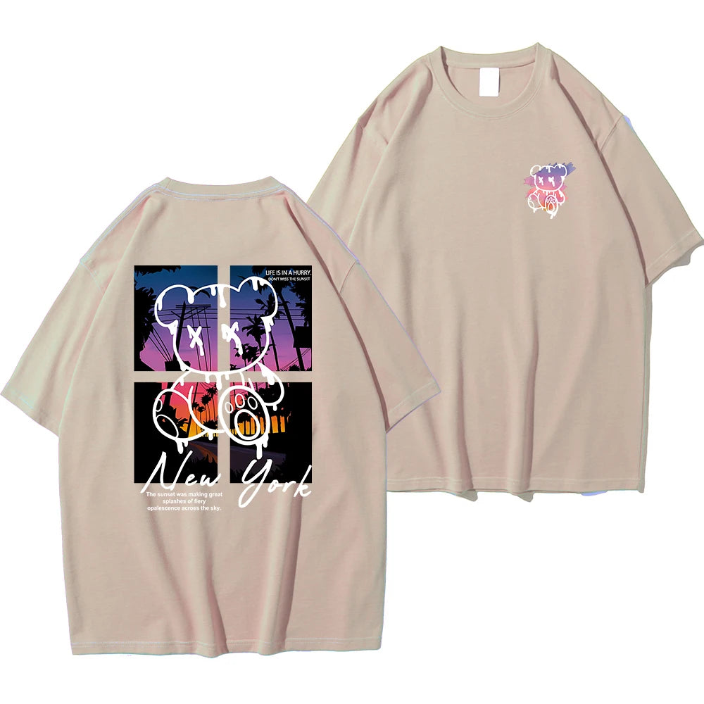 T-Shirt Homme New York Art Cartoon Bear Coucher de Soleil Coton Loose Oversize Été Streetwear Graphic Fashion Tendance Confortable – T-Shirt Graphic Art Premium Oversize New York | Mode Homme Streetwear Graphic Art Premium