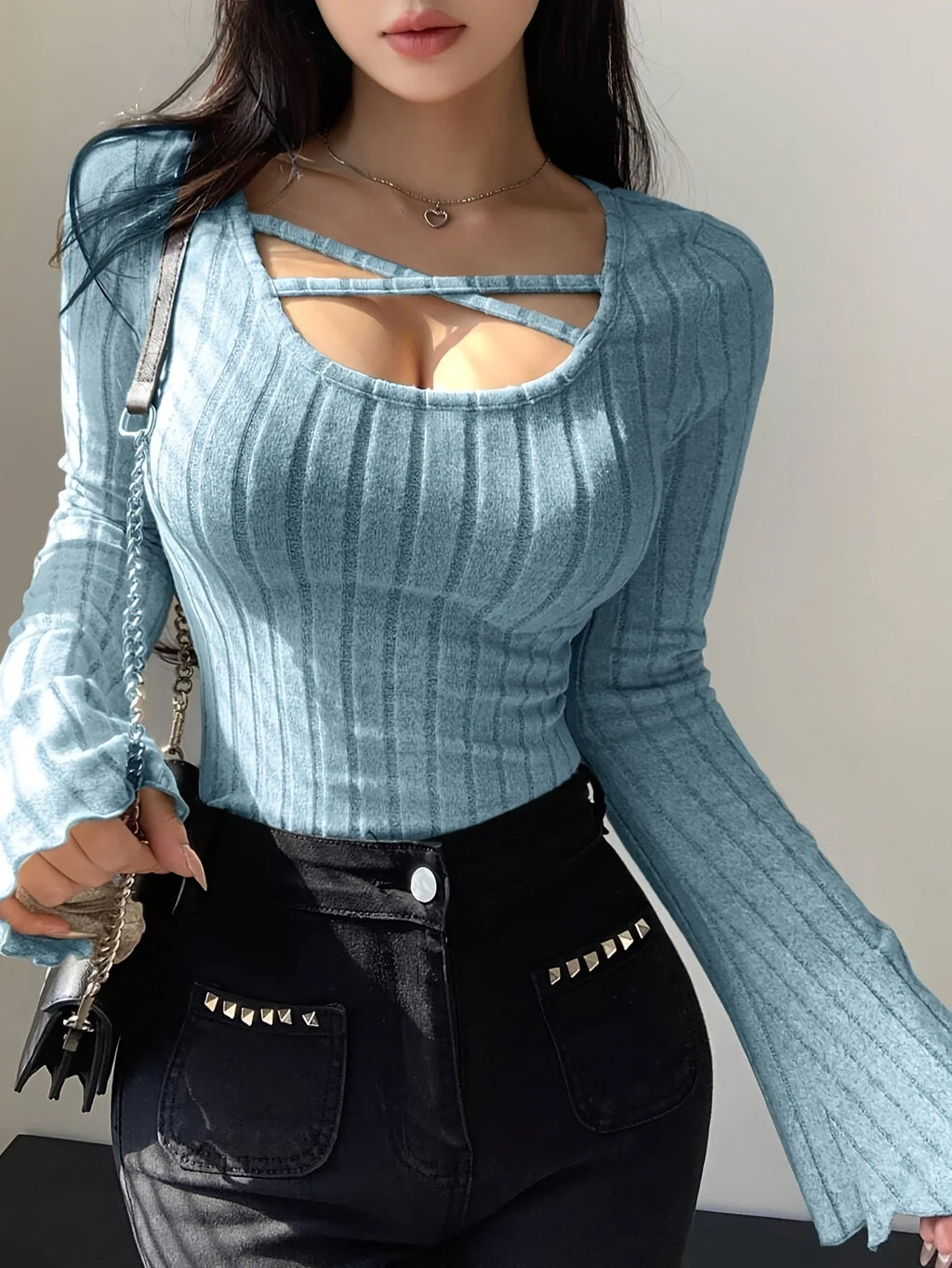 Damen Strick-Top Quadratischer Ausschnitt Langarm Überkreuzte Träger Gerippt Schmale Passform Casual – T-Shirt Streetwear Herbst Winter | Mode