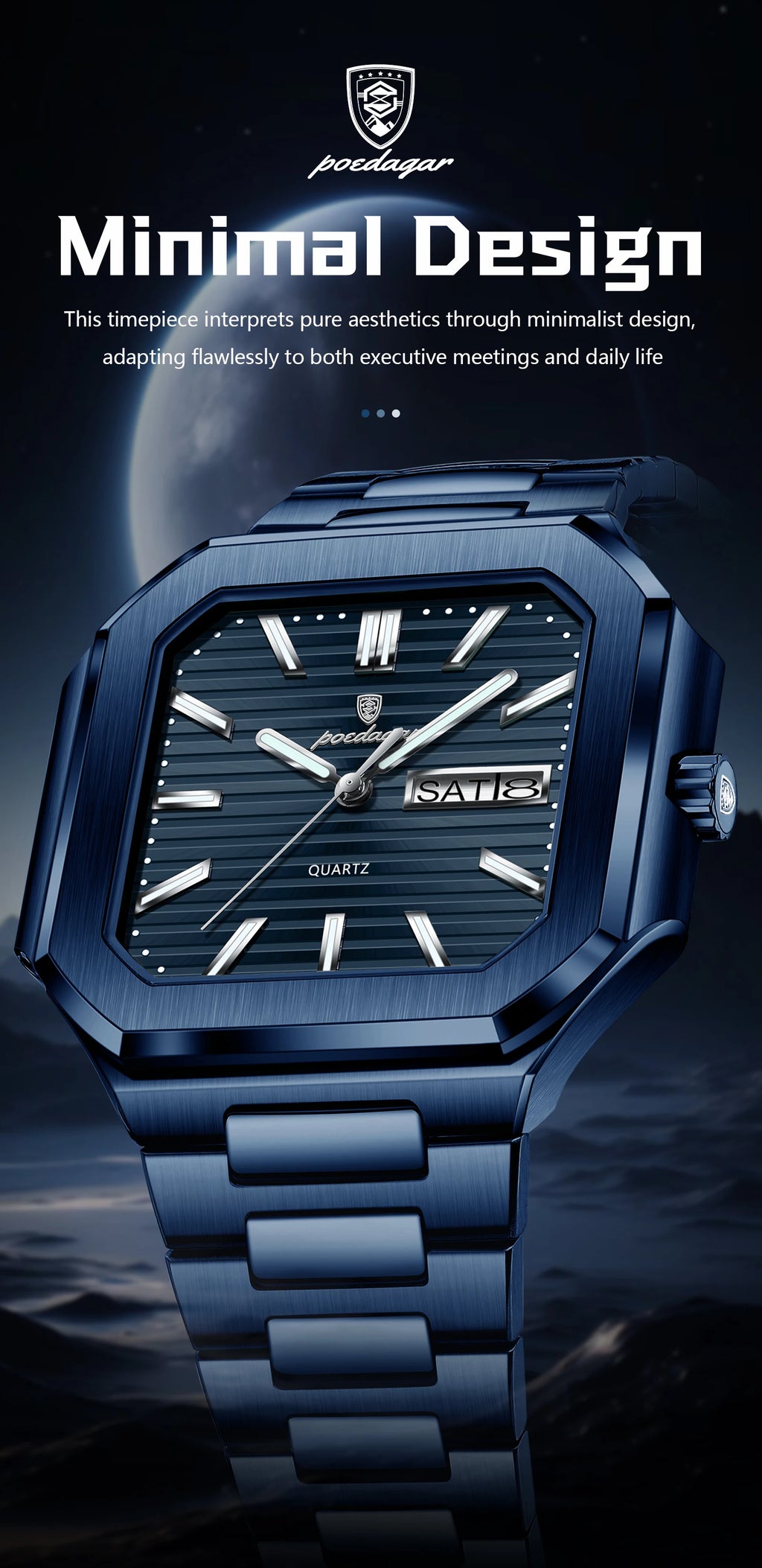 Montre Carrée Luxe Homme Poedagar – Quartz Étanche Lumineuse Date Semaine Acier Inoxydable Fashion