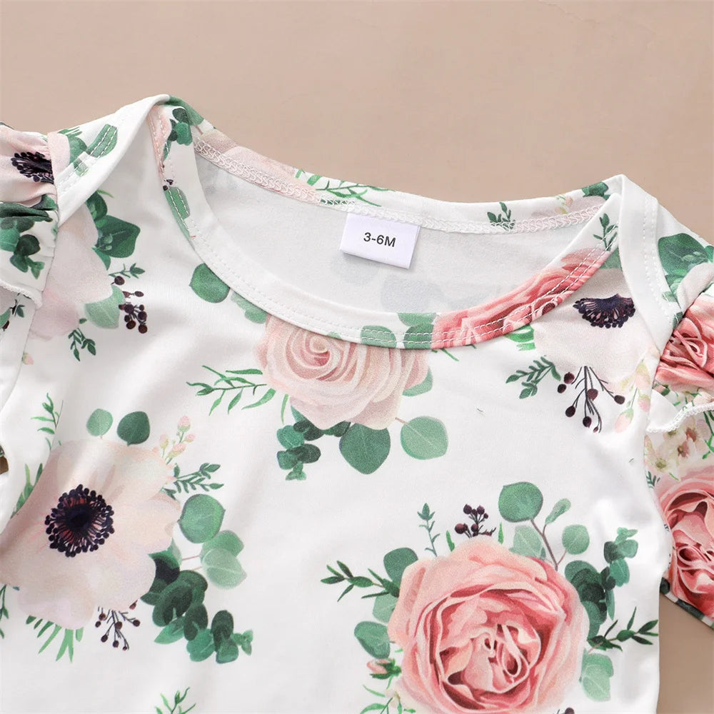 Tenue 3 Pièces Bébé Fille Fleurie – Top Manches Longues + Jupe Bretelles + Bandeau 0-12 Mois