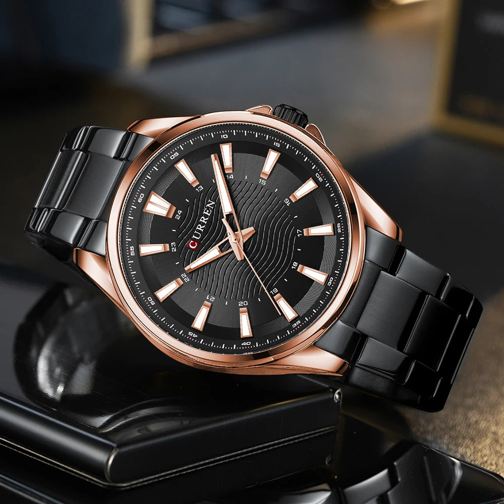 Montre Homme CURREN Business Casual Quartz 44mm – Acier Noir Lumineux Étanche Fashion