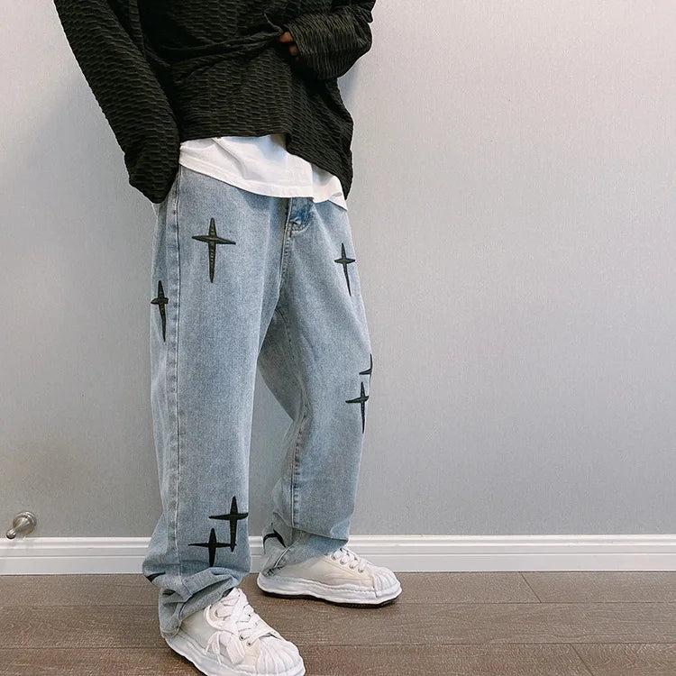 Jean Homme Imprimé Baggy Wide Leg Style Coréen K-Fashion Streetwear Cargo Droit Casual Loose Denim Tendance Urbain – Jean Baggy Premium K-Fashion | Mode Homme Streetwear K-Fashion Premium