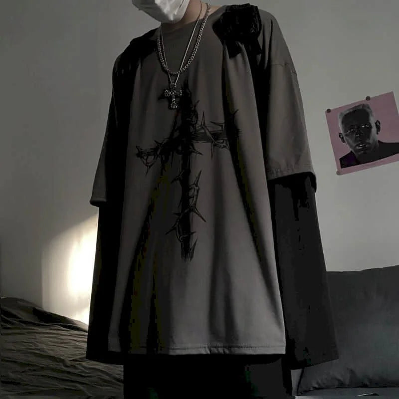 T-Shirt Homme Oversize Manches Longues Croix d'Épines Dark Hip-Hop Y2K Gothic Streetwear Été Tendance – Tee Graphique Dark Aesthetic Unisexe | Mode Streetwear Premium