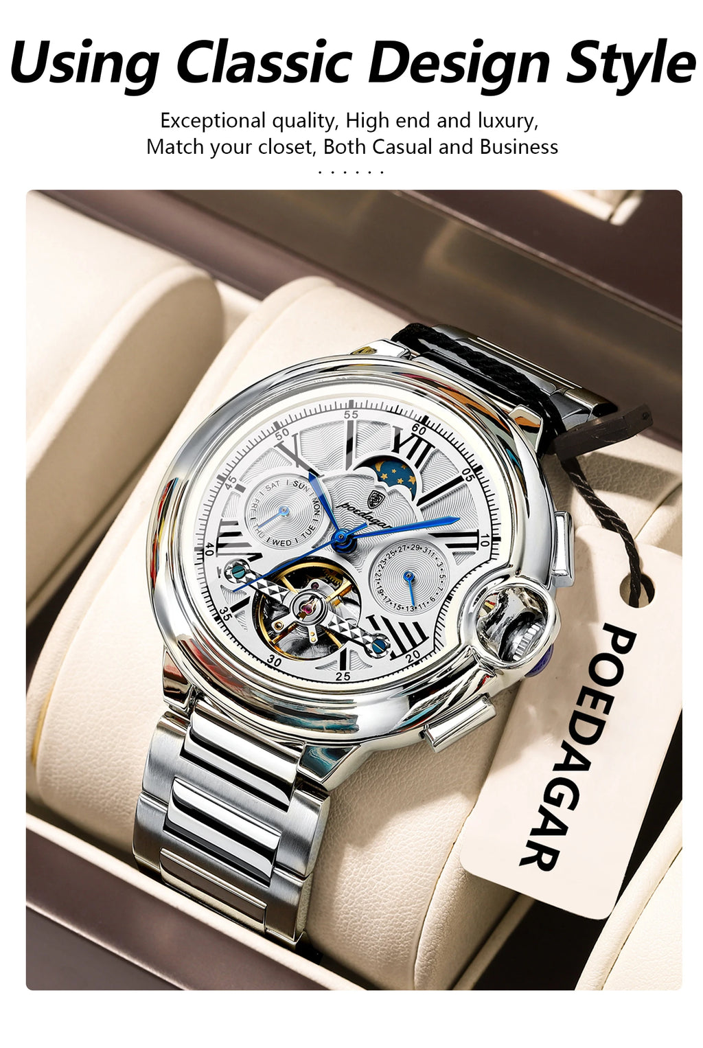 Montre Homme POEDAGAR Tourbillon Automatique Militaire – Acier Date Semaine Étanche