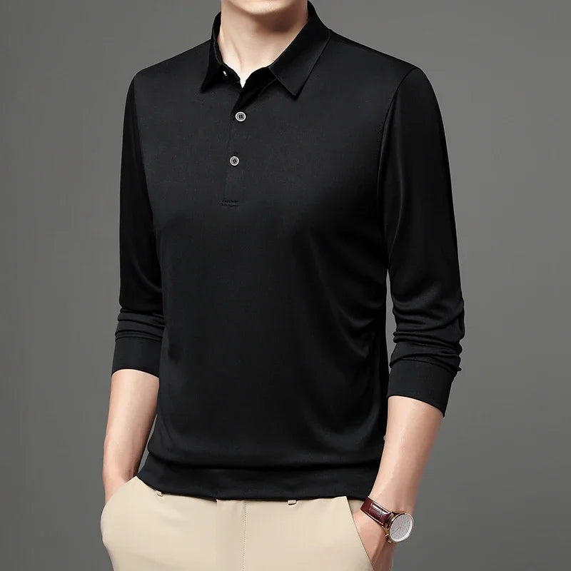 Polo Homme Manches Longues Col Polo Couleur Unie – Casual Élégant Printemps Automne | Mode Homme Premium