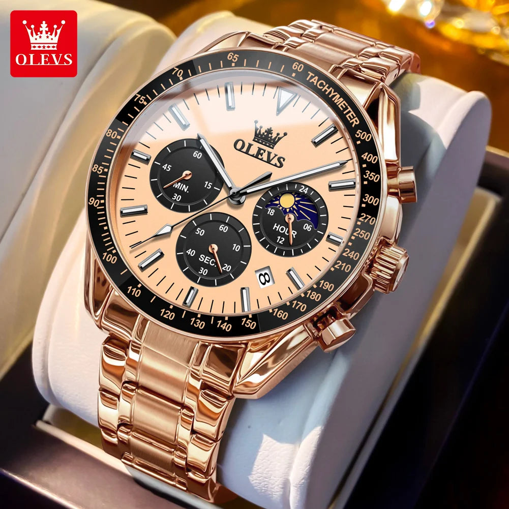 Montre Homme OLEVS Chronographe Phase de Lune Quartz Bleu Acier – Étanche Lumineux Date Fashion