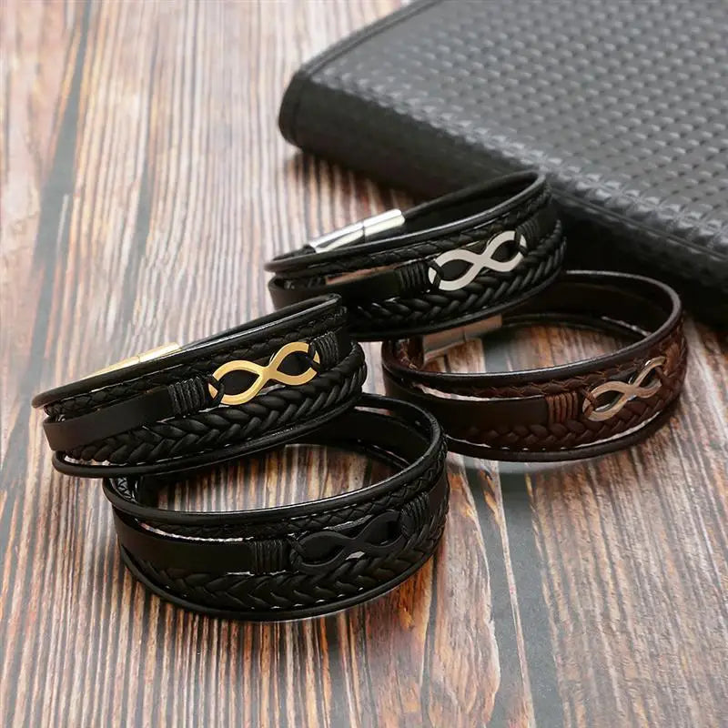 Bracelet Cuir Multi-Rangs Symbole Infini Acier Inoxydable Homme – Style Punk & Biker Authentique | Bijou Homme Streetwear Cadeau Mode Premium