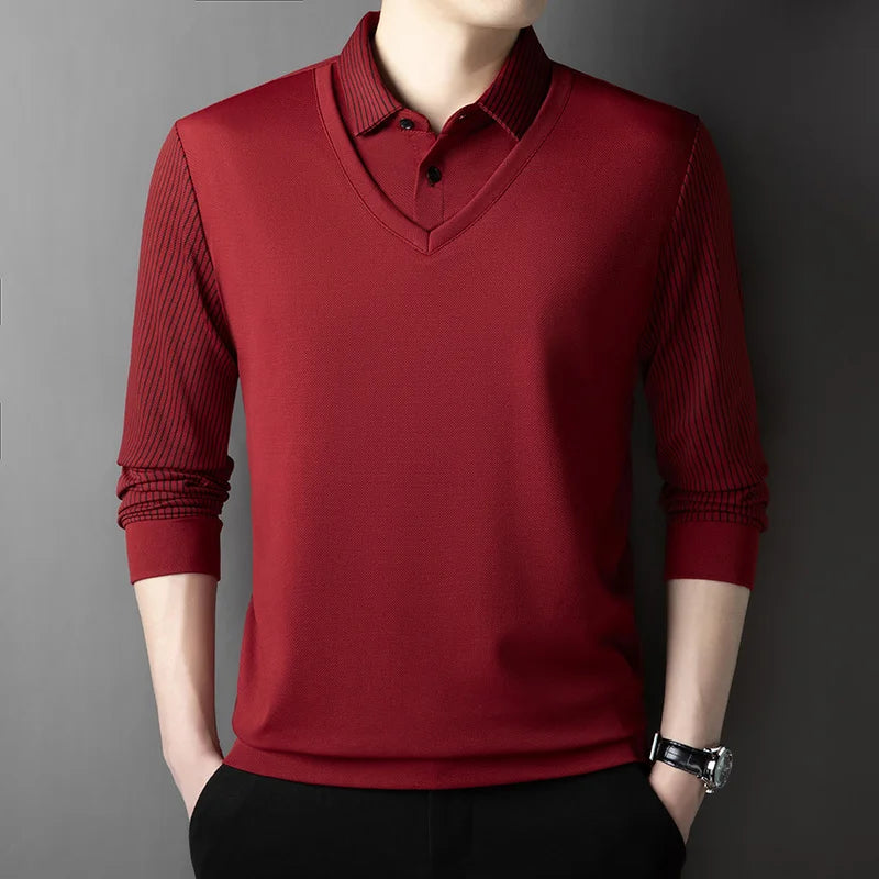 Polo Homme Manches Longues Faux Deux Pièces Couleur Unie – Business Casual Élégant Toutes Saisons Polyvalent | Mode Homme Premium