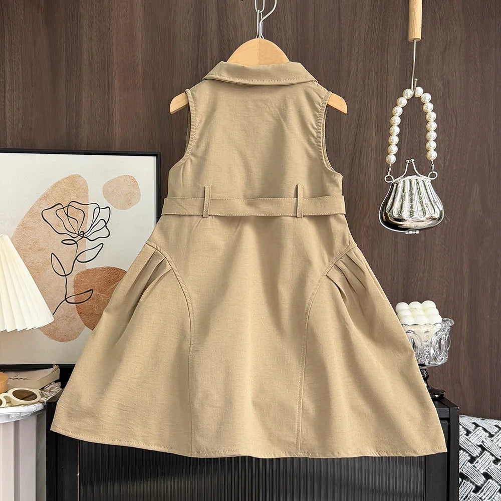 Robe Fille Été Sans Manches Couleur Unie – Tenue Casual Chic avec Ceinture Enfant