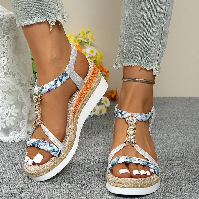 Sandales T-Strap Wedge Mix Color Femme – Bande Élastique Plateforme Bout Ouvert Été