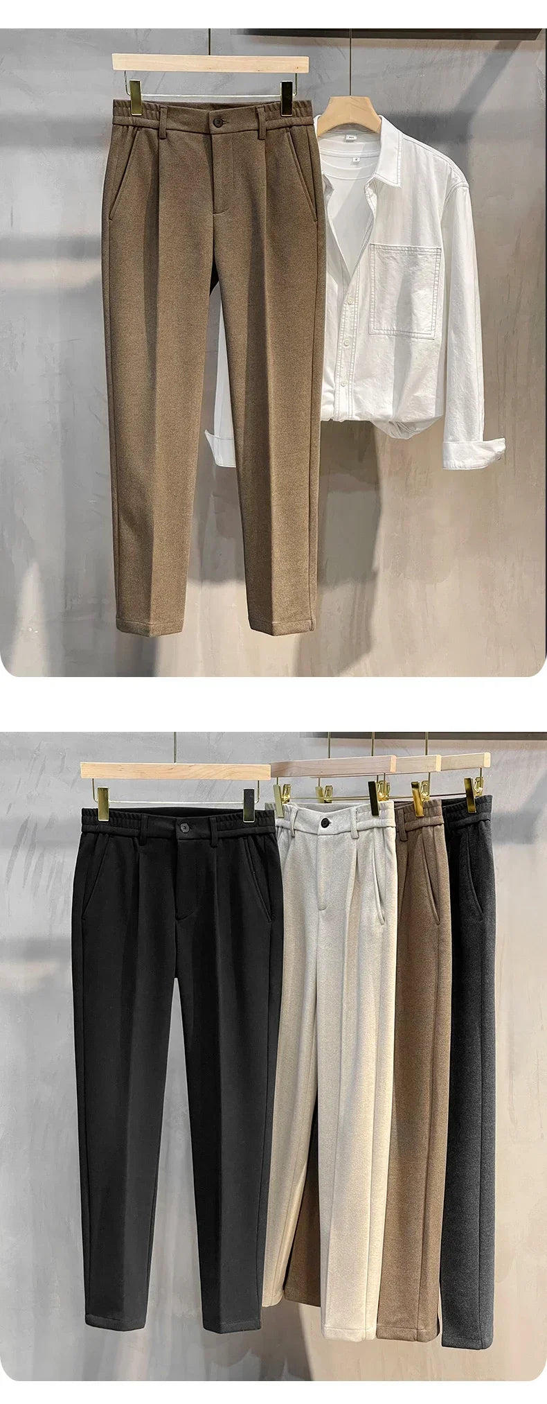 Pantalon Costume Homme Business Droit Laine Épaisse Ceinture Élastique Gris Marron Classique Korean Formal Automne Hiver – Pantalon de Costume Premium Toutes Tailles 28-38 | Mode Homme Business Premium