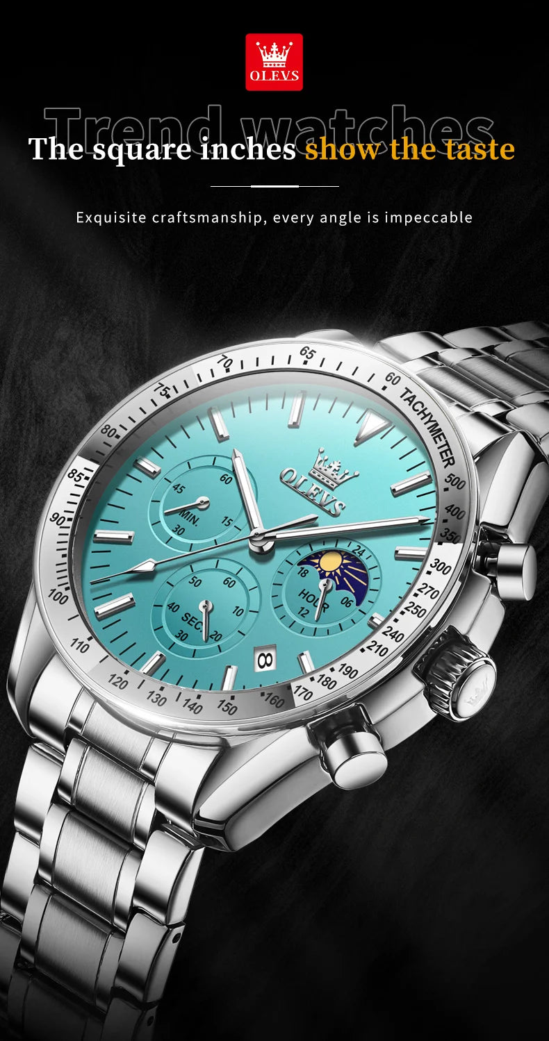 Montre Homme OLEVS Chronographe Phase de Lune Quartz Bleu Acier – Étanche Lumineux Date Fashion