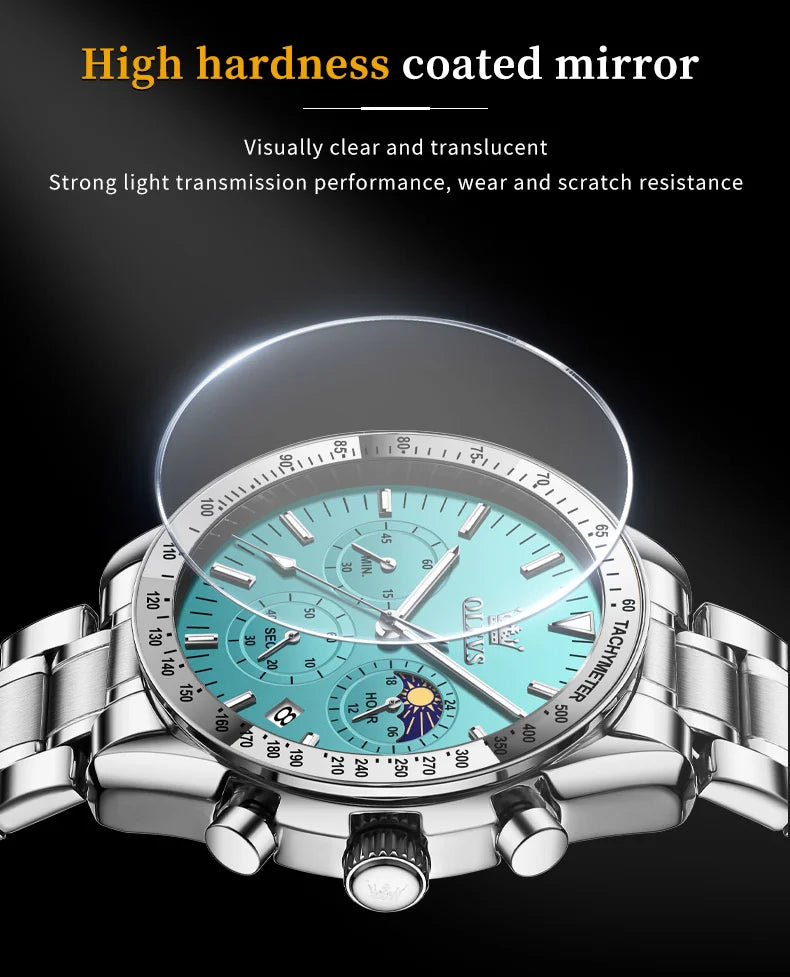 Montre Homme OLEVS Chronographe Phase de Lune Quartz Bleu Acier – Étanche Lumineux Date Fashion