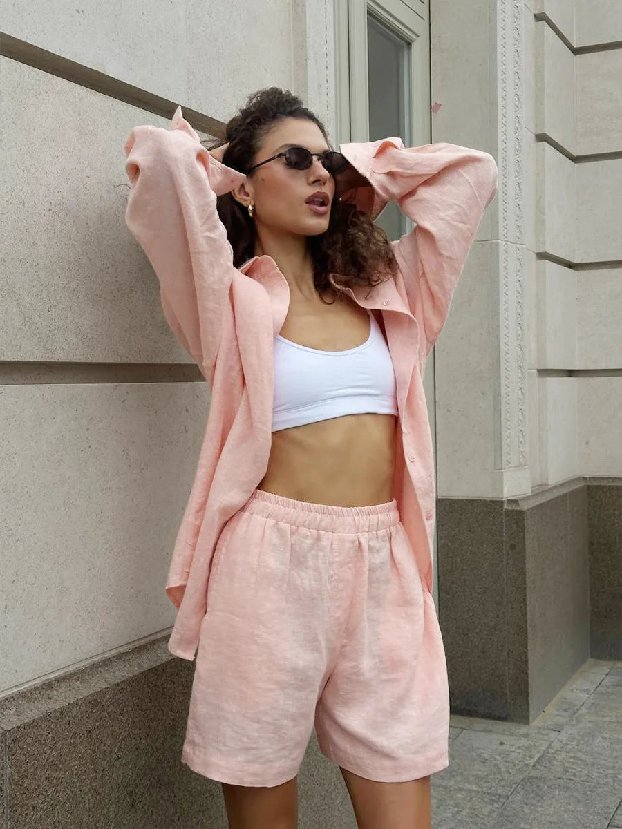 Damen-Zweiteiler aus Baumwolle, legeres Reverskragenhemd mit langen Ärmeln und Hose mit elastischem Bund, einfarbig, bequem – Sommer-Outfit | Bornladies