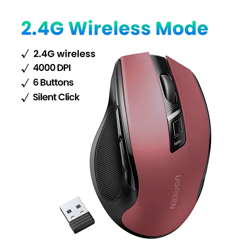 UGREEN Souris Sans Fil Ergonomique – Bluetooth 5.0 & 2.4G, 4000 DPI, 6 Boutons Silencieux | MacBook, PC & Tablette