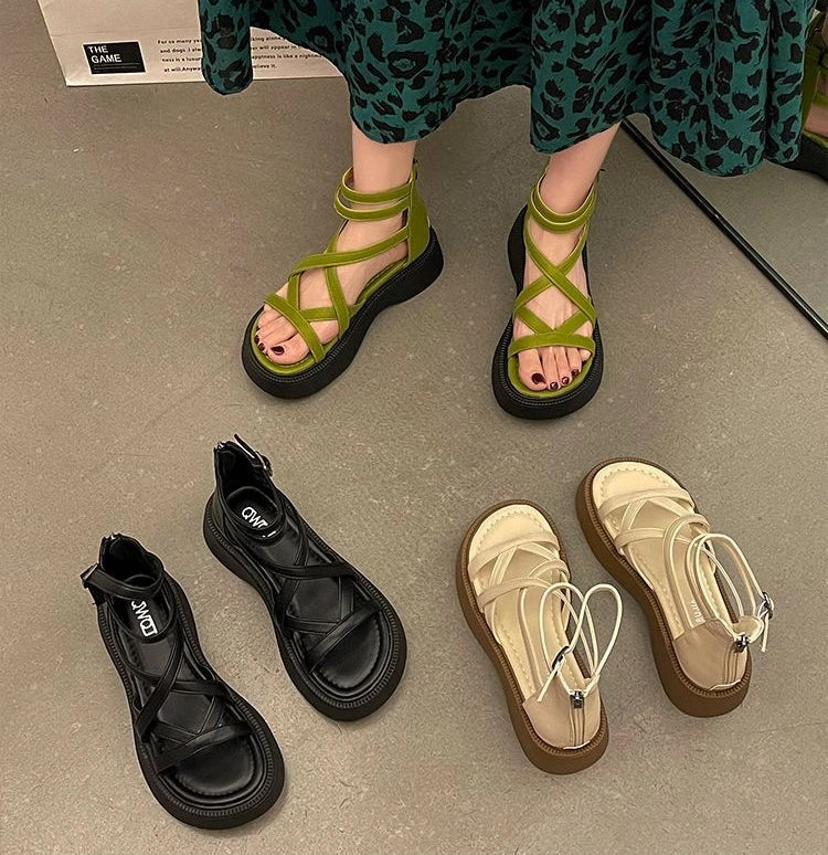 Grüne Römische Sandalen Mittelhoher Absatz Plateau Reißverschluss 2025 – Atmungsaktiv Mode Sommer