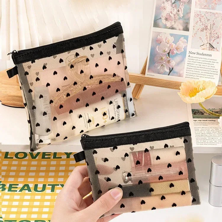 Mini Trousse Maquillage Transparente Cœur – Pochette Cosmétique Portable