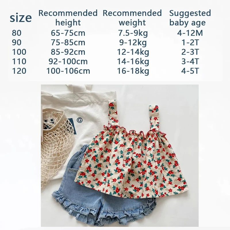 Ensemble Fille Été Bretelles + Short – Tenue Casual Enfant Jupe Fleurie 2 Pièces