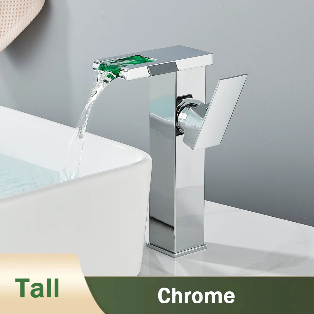Rozin Robinet Lavabo Noir LED Cascade Hydroélectrique – Mitigeur Eau Chaude & Froide, Lumière LED Automatique | Vasque Design