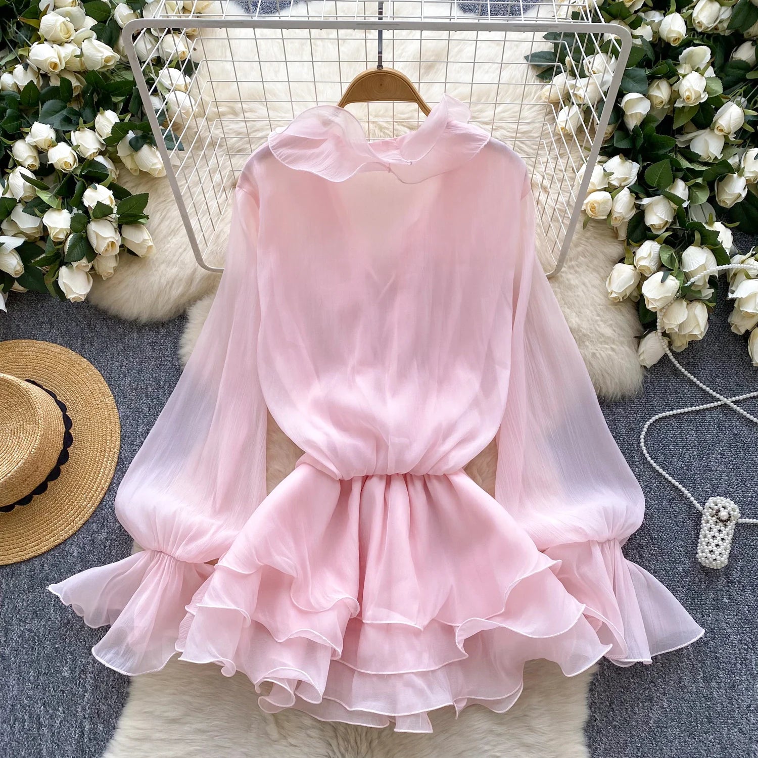 Robe Courte Femme Fleurs 3D Manches Longues Laçage Volants Mousseline – Vintage Bohème Sexy | Plage Été
