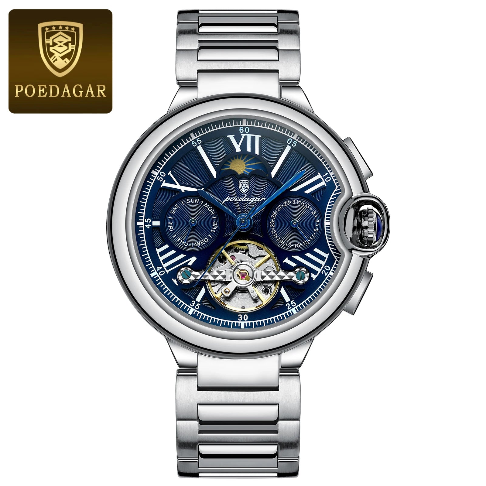 Montre Homme POEDAGAR Tourbillon Automatique Militaire – Acier Date Semaine Étanche