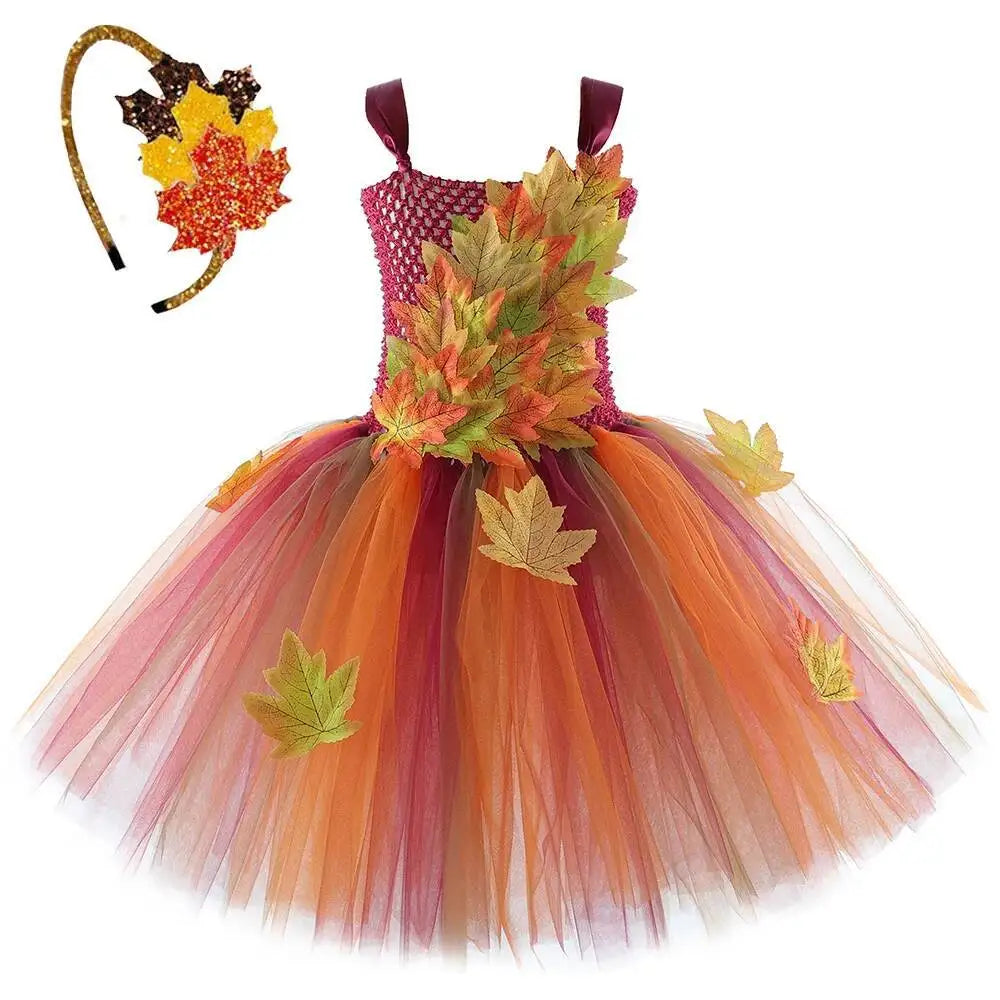 Déguisement Fée des Forêts Fille – Robe Elfe Princesse Feuilles d'Automne avec Ailes Halloween Noël