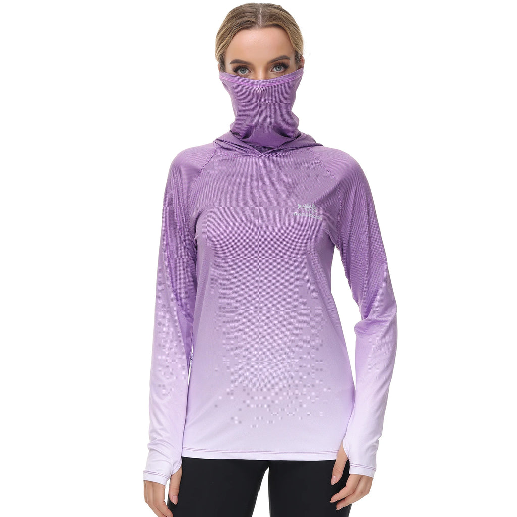 Bassdash Hoodie Anti-UV UPF 50+ Damen – Integrierte Gesichtsbedeckung & Daumenlöcher | Schnelltrocknend & Atmungsaktiv | Angeln, Wandern & Radfahren