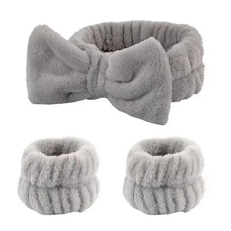 Stirnband & Wasch-Armbänder Set für die Gesichtsreinigung – Rosa Spa-Schleife