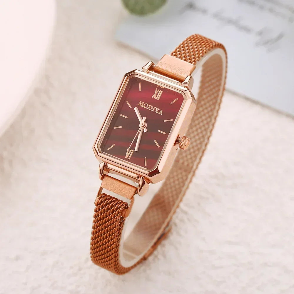 Montre Femme Luxe Carrée Quartz Maille Magnétique Or Rose – Cadran Vert Élégante Minimaliste