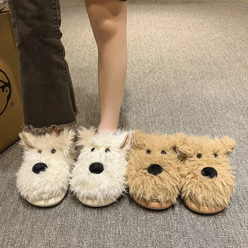 Chaussons Chien Cartoon Plush Hiver Femme – Coton Chaud Non-Slip Intérieur Maison