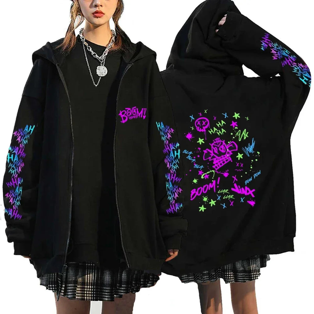 Kapuzenpullover Zip Arcane Jinx Harajuku Anime Graffiti – Streetwear Gothic Unisex Gamer