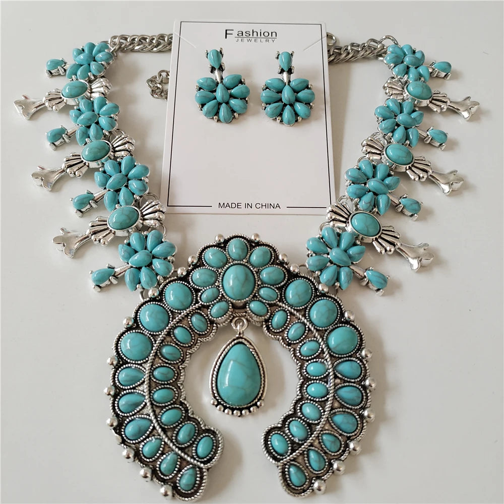 Parure Collier & Boucles Boho Ethnique Turquoise Résine – Pendentif Statement Baroque Retro | Style Indien Vintage | Bijou Femme Tendance 2026