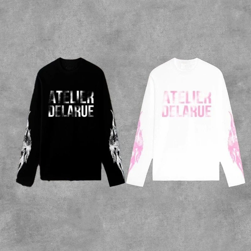 Sweat Unisexe Y2K Harajuku Rétro Manches Longues Imprimé Flamme Lettres Oversize – Streetwear Casual Confortable | Mode Homme & Femme