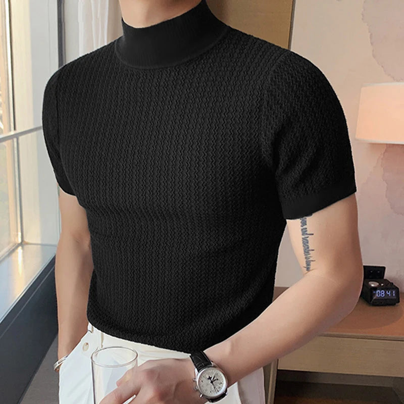 T-Shirt Homme Moulant Col Haut Texturé Couleur Unie Manches Courtes Style Coréen K-Fashion Streetwear Casual Été | Tee Shirt Col Haut K-Fashion Premium