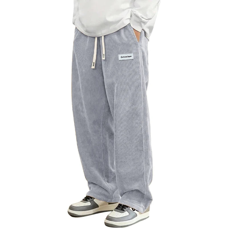 Pantalon Velours Côtelé Homme Loose Fit Coupe Droite Automne – Taille Élastique Cordon Outdoor Streetwear | Mode Homme