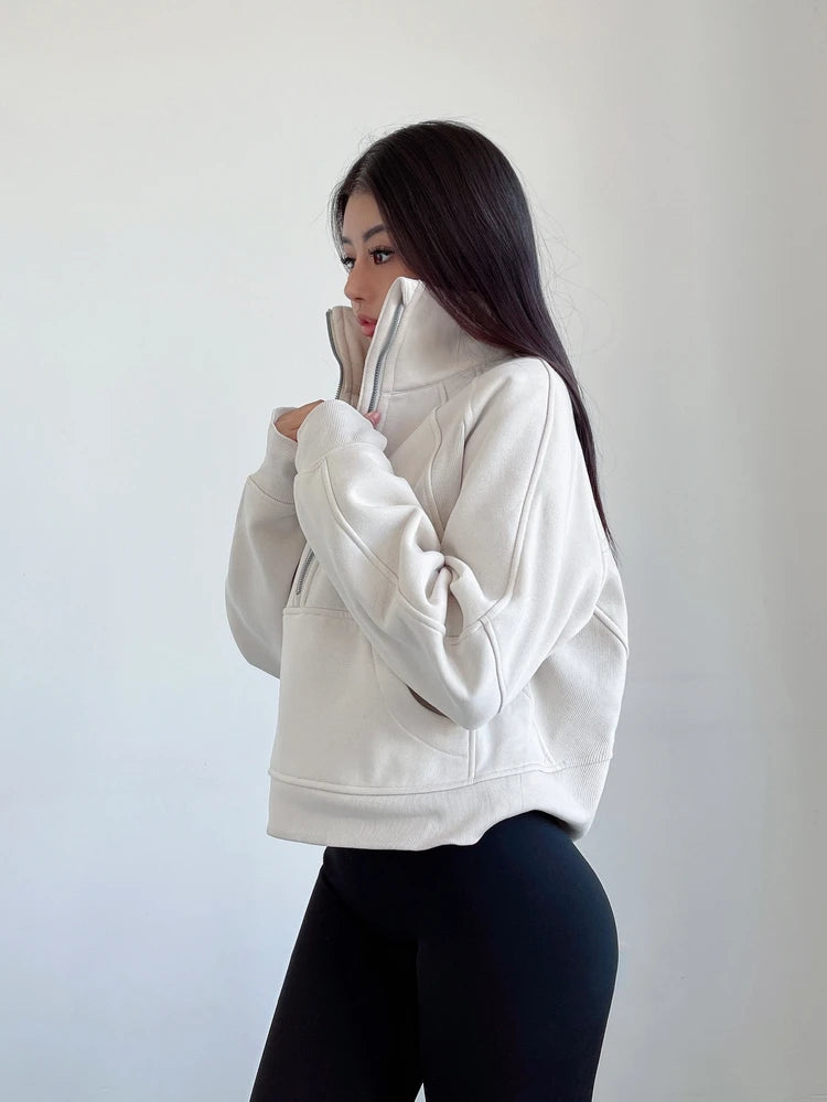 Sweat Femme Oversize Zip Polaire – Hoodie Streetwear Chaud Casual Rose Blanc