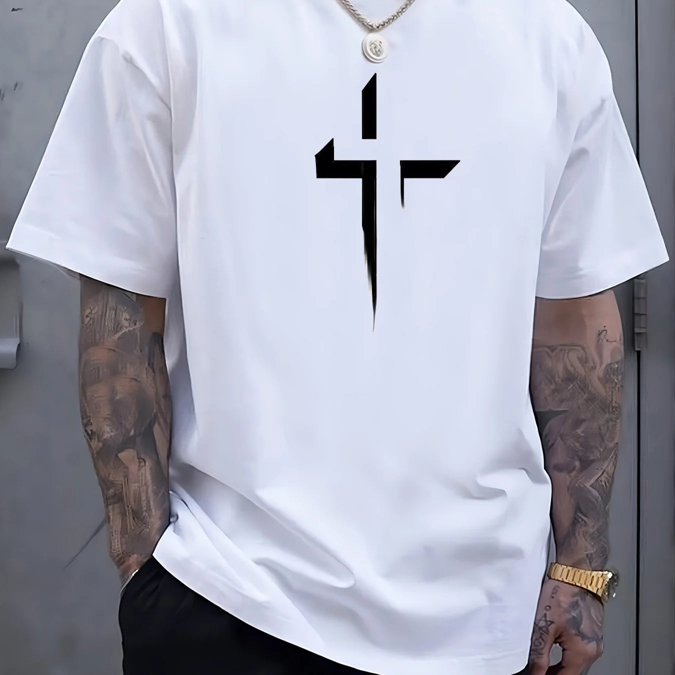 T-Shirt Homme 100% Coton Pur Imprimé Croix Créatif Loose Grande Taille Col Rond Manches Courtes Sport Casual Été Confortable | Mode Homme Tendance