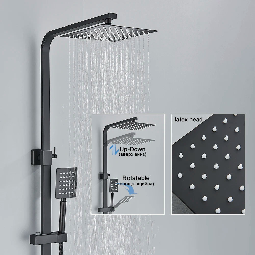 Ensemble Douche Pluie Mural Noir & Chrome Laiton – Étagère Offerte, Mitigeur Eau Chaude & Froide | Système Complet Salle de Bain