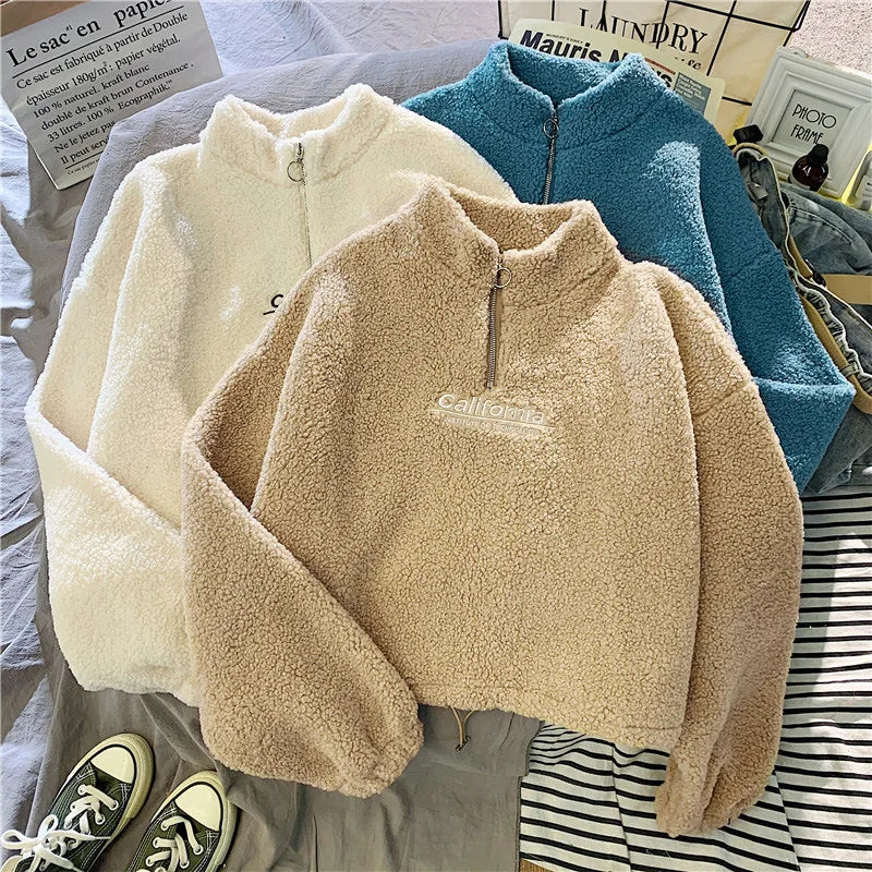 Sweat Court Femme Col Montant Polaire Brodé Cordon Manches Longues Velours Peluche Élégant – Hoodie Crop | Automne